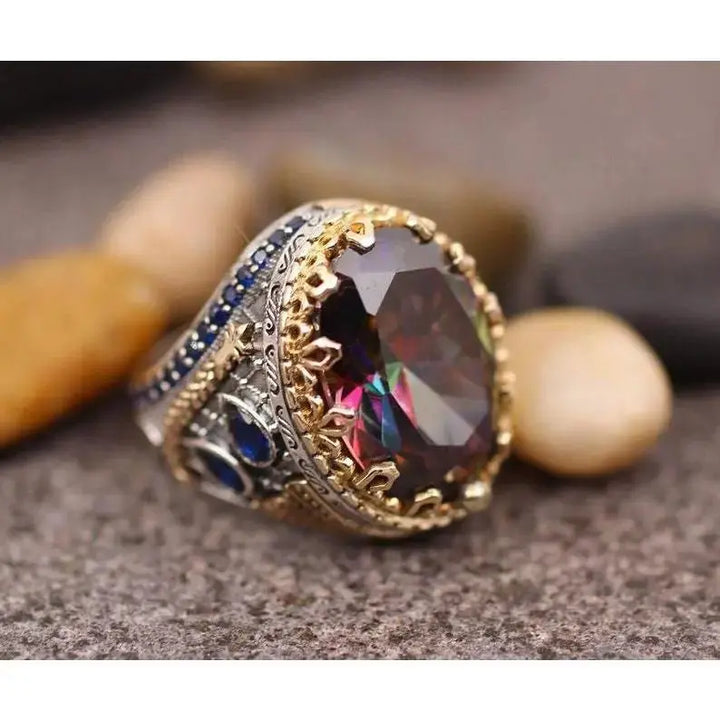 Retro colored diamond vintage retro gemstone ring two - color gold - plated wide - sided ring - Pearl Unique