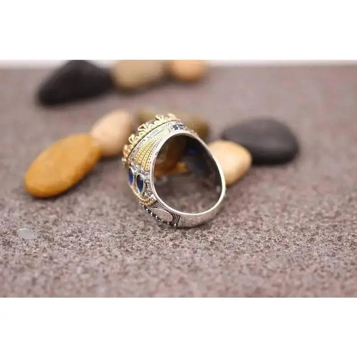 Retro colored diamond vintage retro gemstone ring two - color gold - plated wide - sided ring - Pearl Unique
