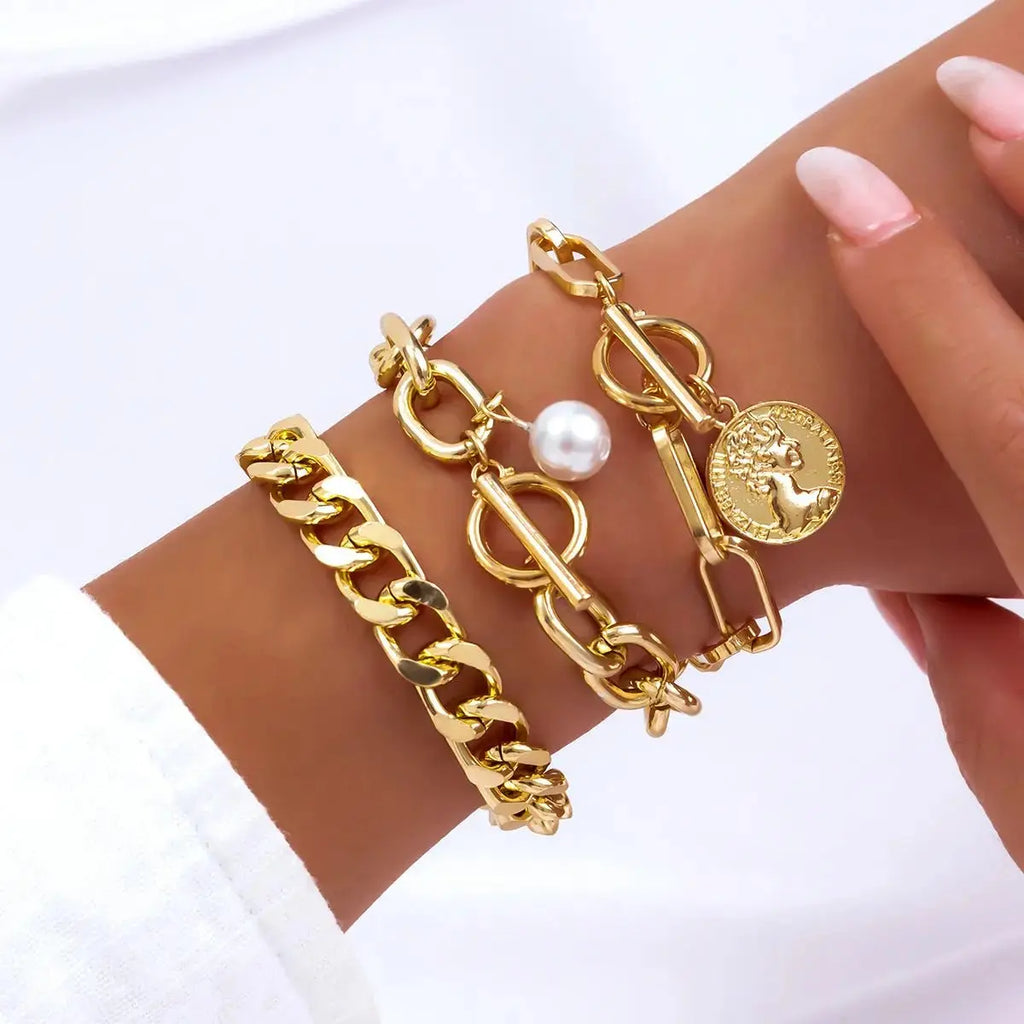 Retro Imitation Pearl Chain Beaded Bracelet, Simple Alloy Love Rhinestone Versatile Fashion Jewelry - Pearl Unique