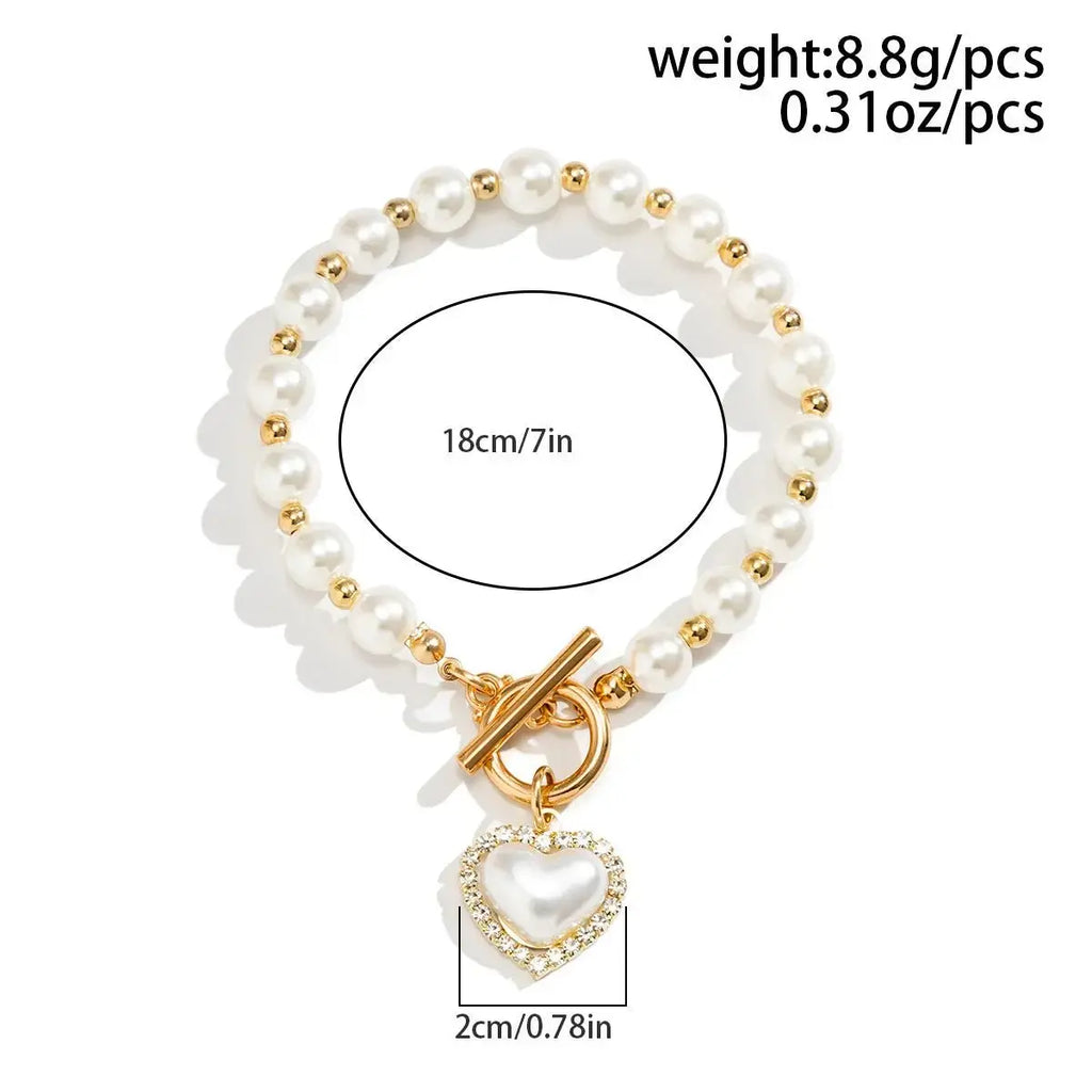 Retro Imitation Pearl Chain Beaded Bracelet, Simple Alloy Love Rhinestone Versatile Fashion Jewelry - Pearl Unique