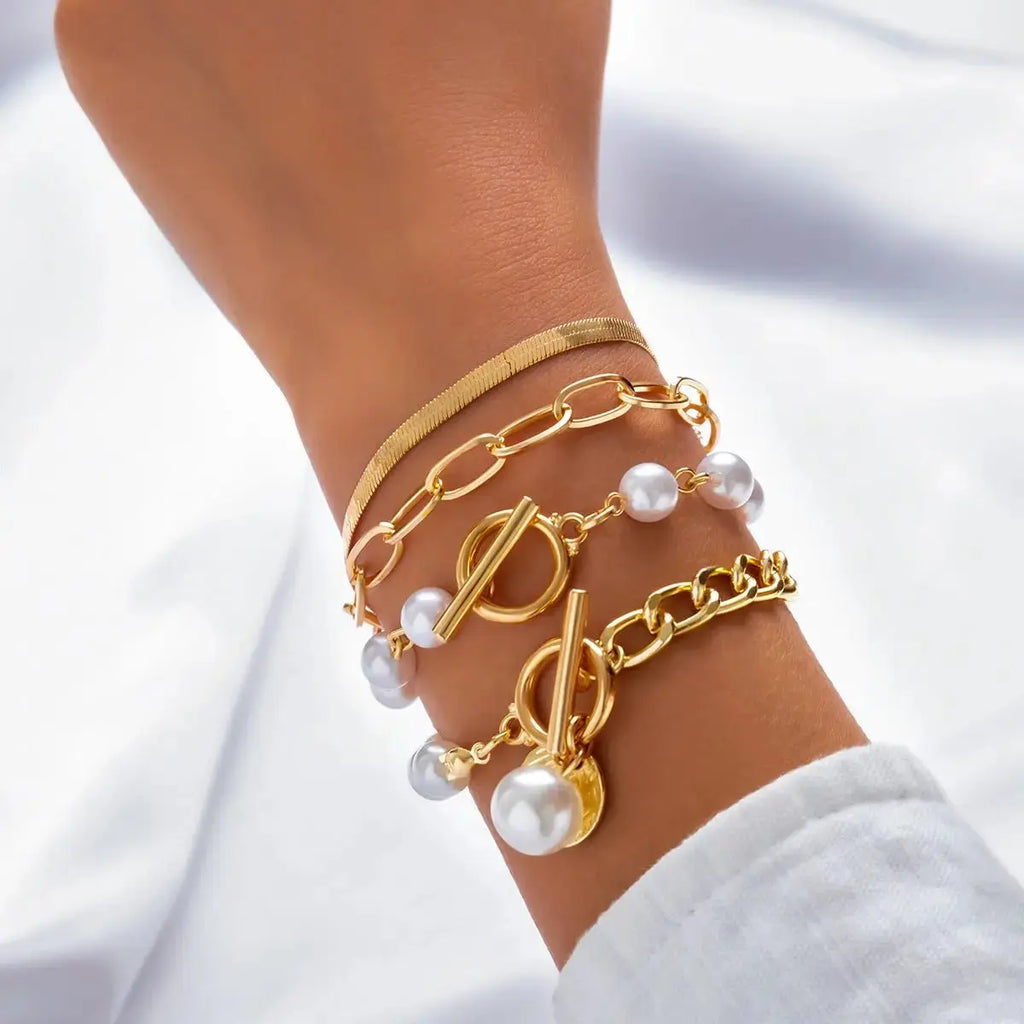 Retro Imitation Pearl Chain Beaded Bracelet, Simple Alloy Love Rhinestone Versatile Fashion Jewelry - Pearl Unique