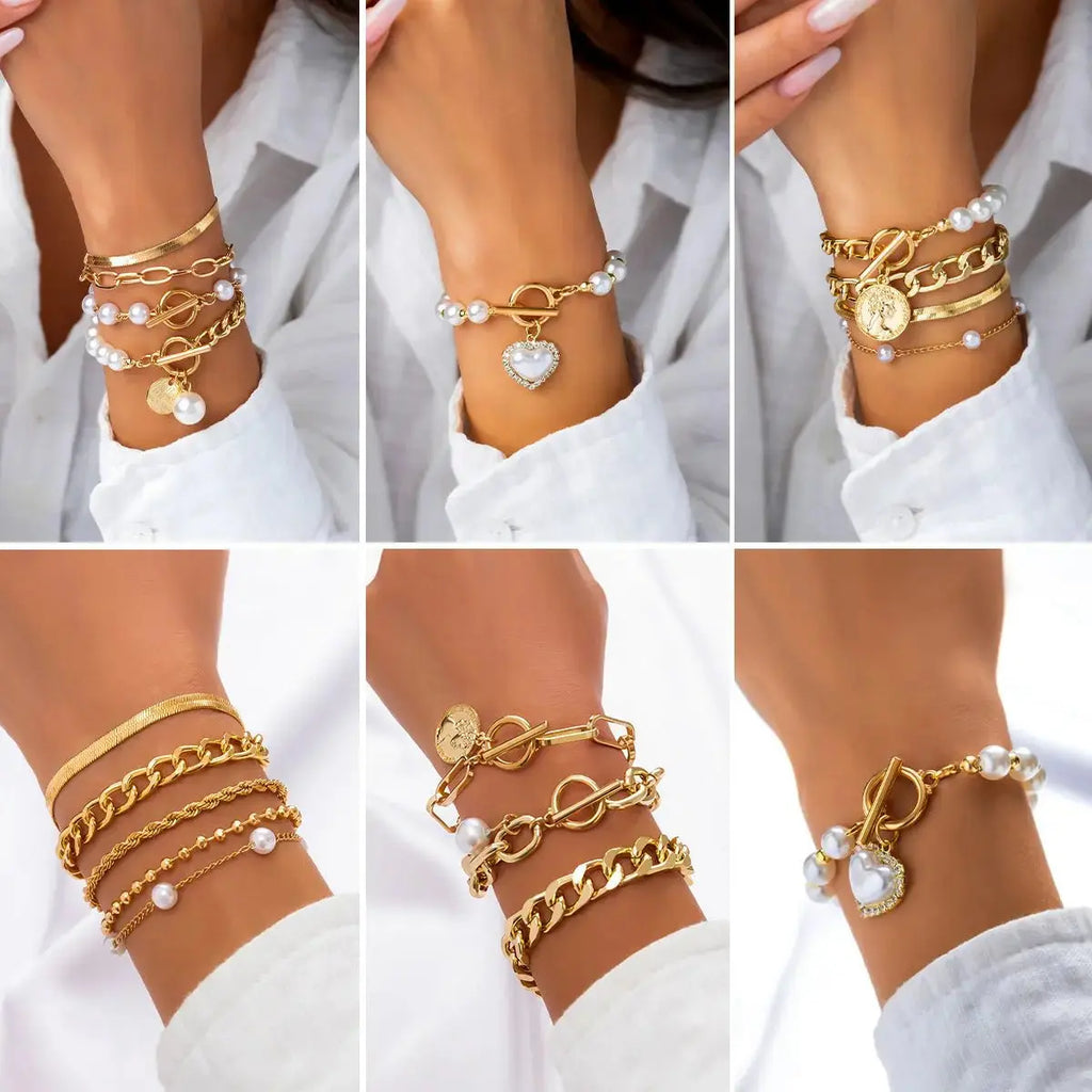 Retro Imitation Pearl Chain Beaded Bracelet, Simple Alloy Love Rhinestone Versatile Fashion Jewelry - Pearl Unique