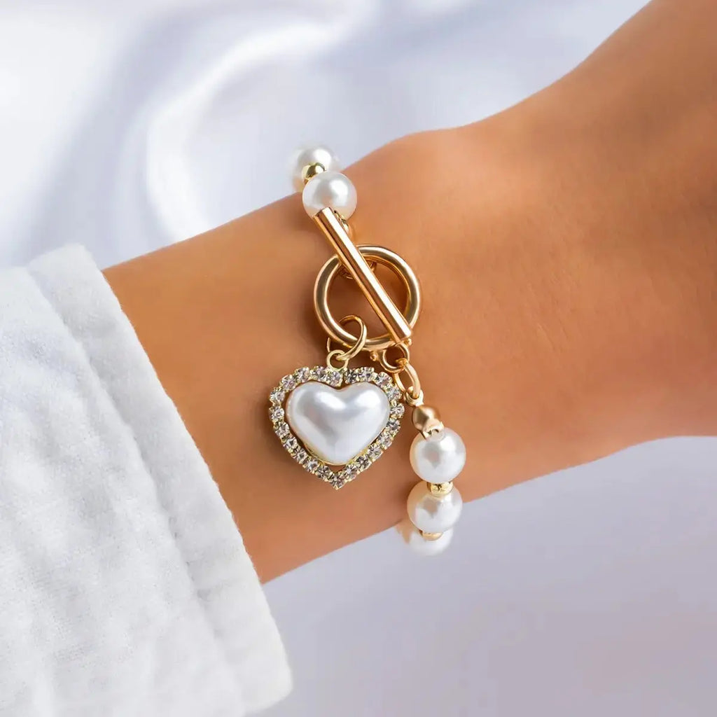 Retro Imitation Pearl Chain Beaded Bracelet, Simple Alloy Love Rhinestone Versatile Fashion Jewelry - Pearl Unique