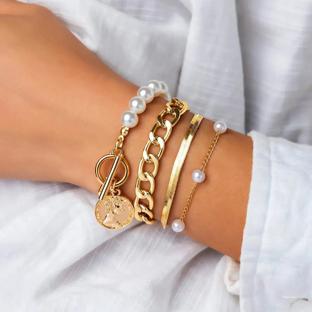 Retro Imitation Pearl Chain Beaded Bracelet, Simple Alloy Love Rhinestone Versatile Fashion Jewelry - Pearl Unique