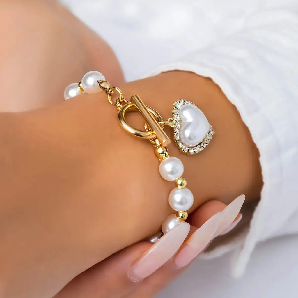 Retro Imitation Pearl Chain Beaded Bracelet, Simple Alloy Love Rhinestone Versatile Fashion Jewelry - Pearl Unique