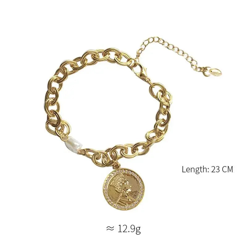Retro Queen Head Coin Bracelet, Pearl Copper Plated with Real Gold Bracelet - Pearl Unique