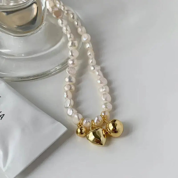 Retro Simple Love Round Bead Copper Plated Real Gold Freshwater Pearl Necklace - Pearl Unique