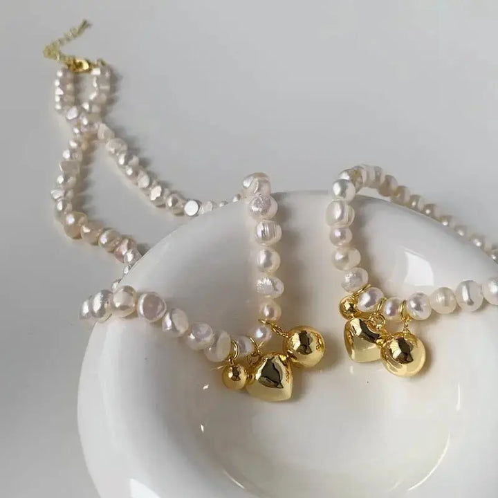 Retro Simple Love Round Bead Copper Plated Real Gold Freshwater Pearl Necklace - Pearl Unique