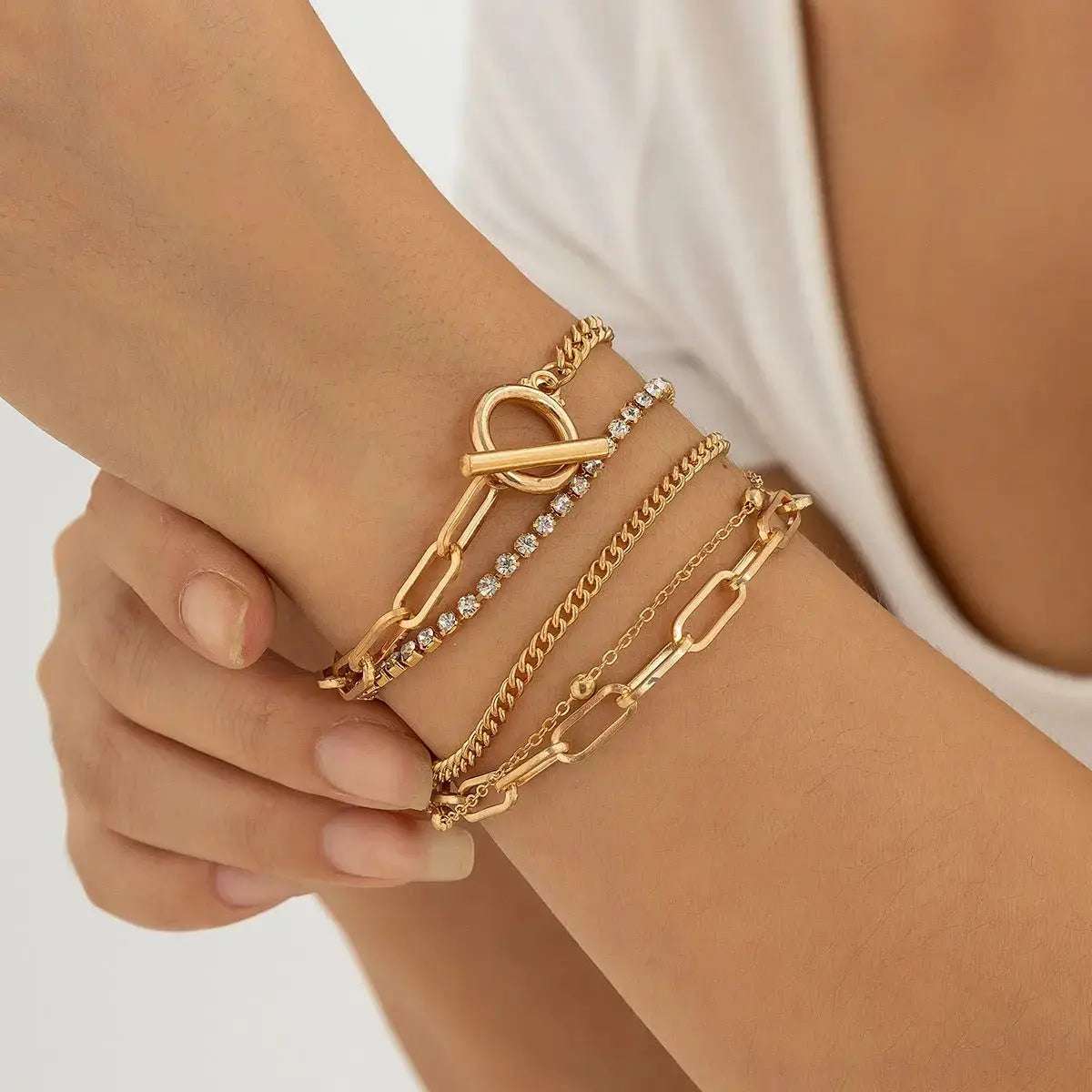 Simple Geometric OT Buckle Versatile Jewelry, Creative Mix and Match Diamond - encrusted Round Bead Multi - layer Bracelet and Necklace Set - Pearl Unique