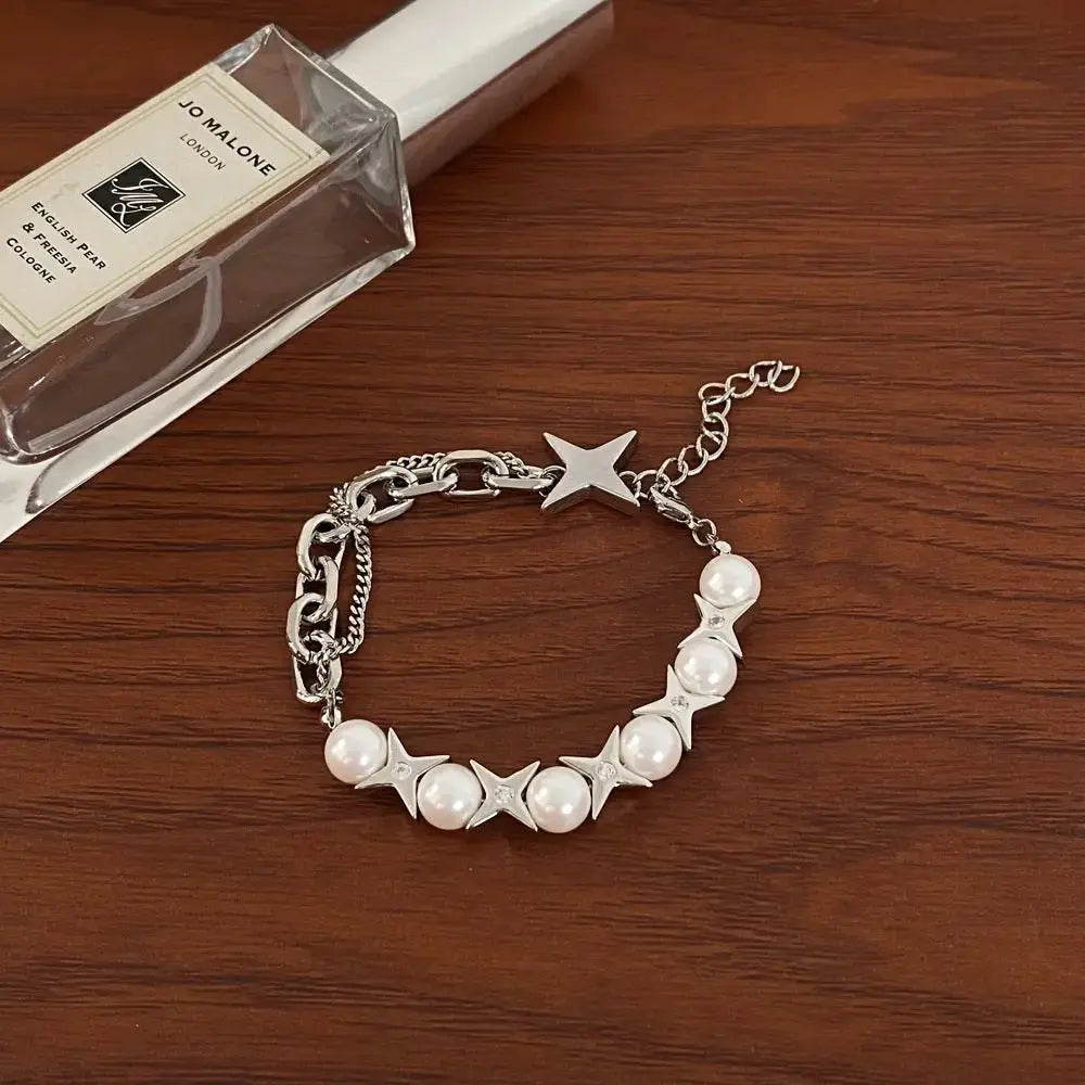 Sweet and Cool Tetragonal Star Unique Pearl Jewelry Chain Splicing Bracelet Necklace Set - Pearl Unique