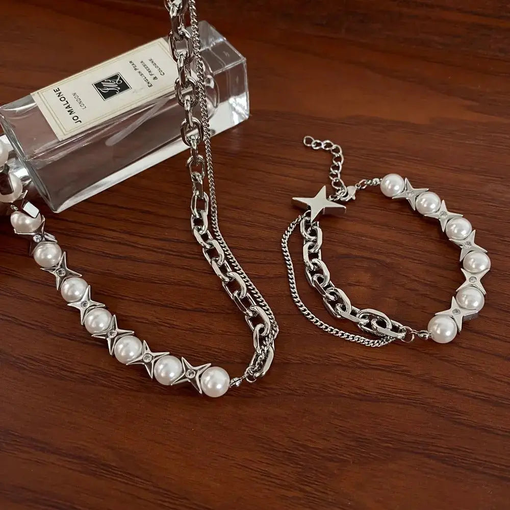 Sweet and Cool Tetragonal Star Unique Pearl Jewelry Chain Splicing Bracelet Necklace Set - Pearl Unique