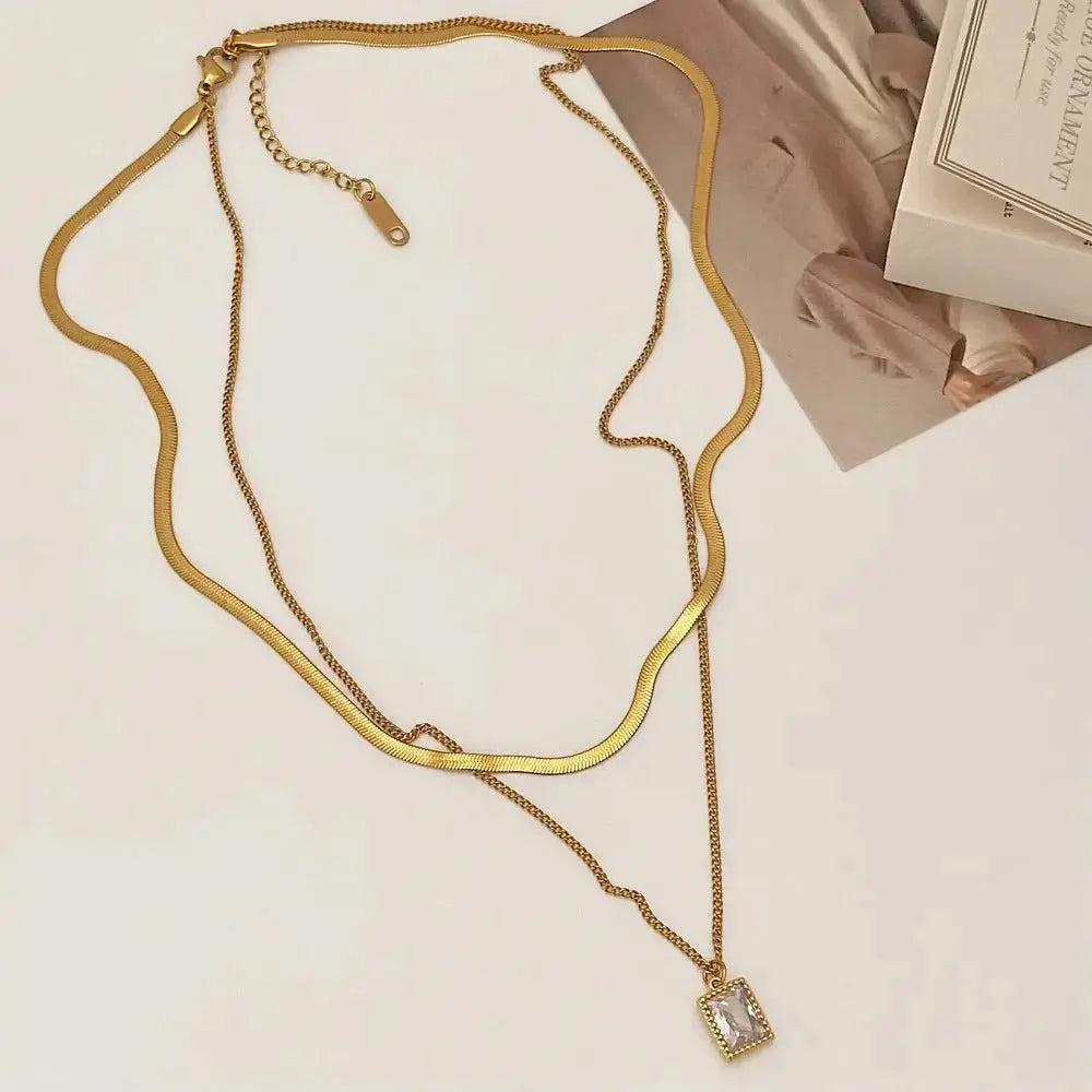 Titanium Steel Double - layer Snake Chain Square Zircon Pendant Real - gold Necklace - Pearl Unique
