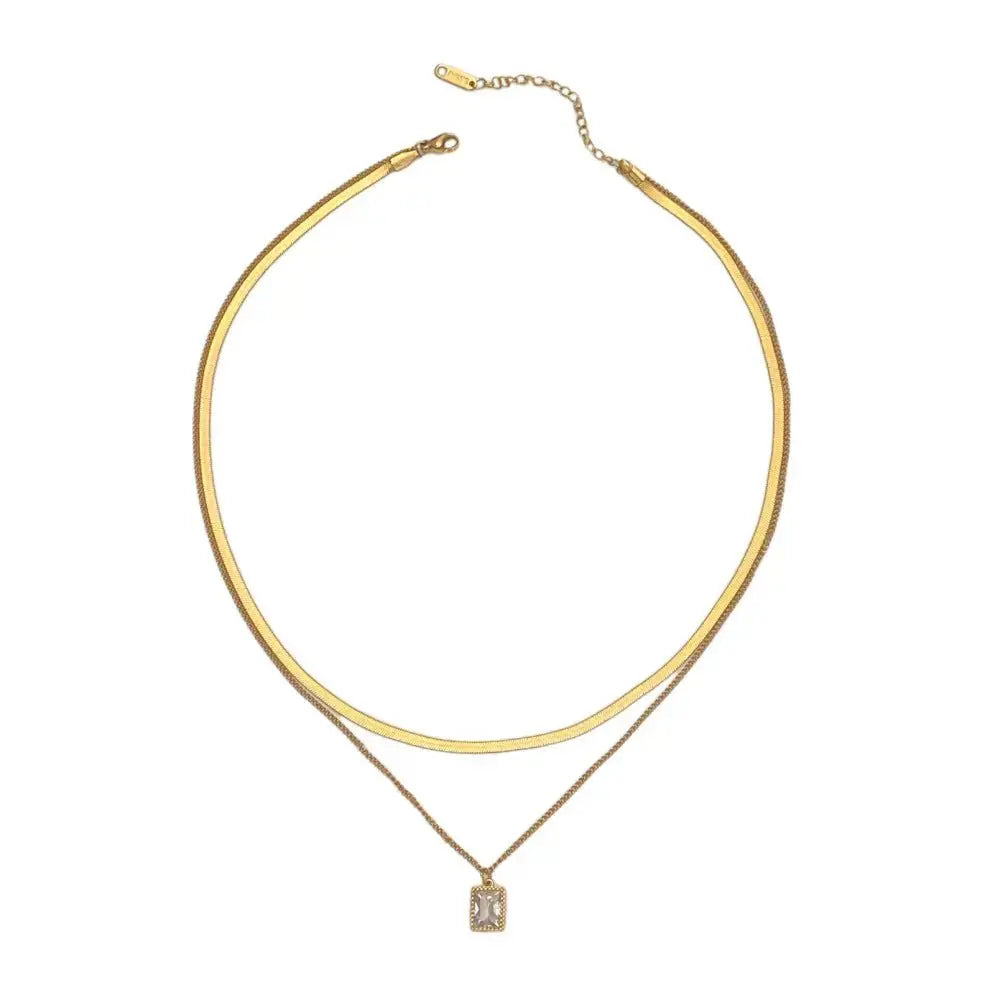 Titanium Steel Double - layer Snake Chain Square Zircon Pendant Real - gold Necklace - Pearl Unique