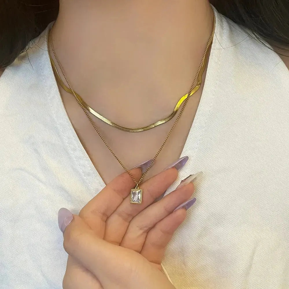 Titanium Steel Double - layer Snake Chain Square Zircon Pendant Real - gold Necklace - Pearl Unique