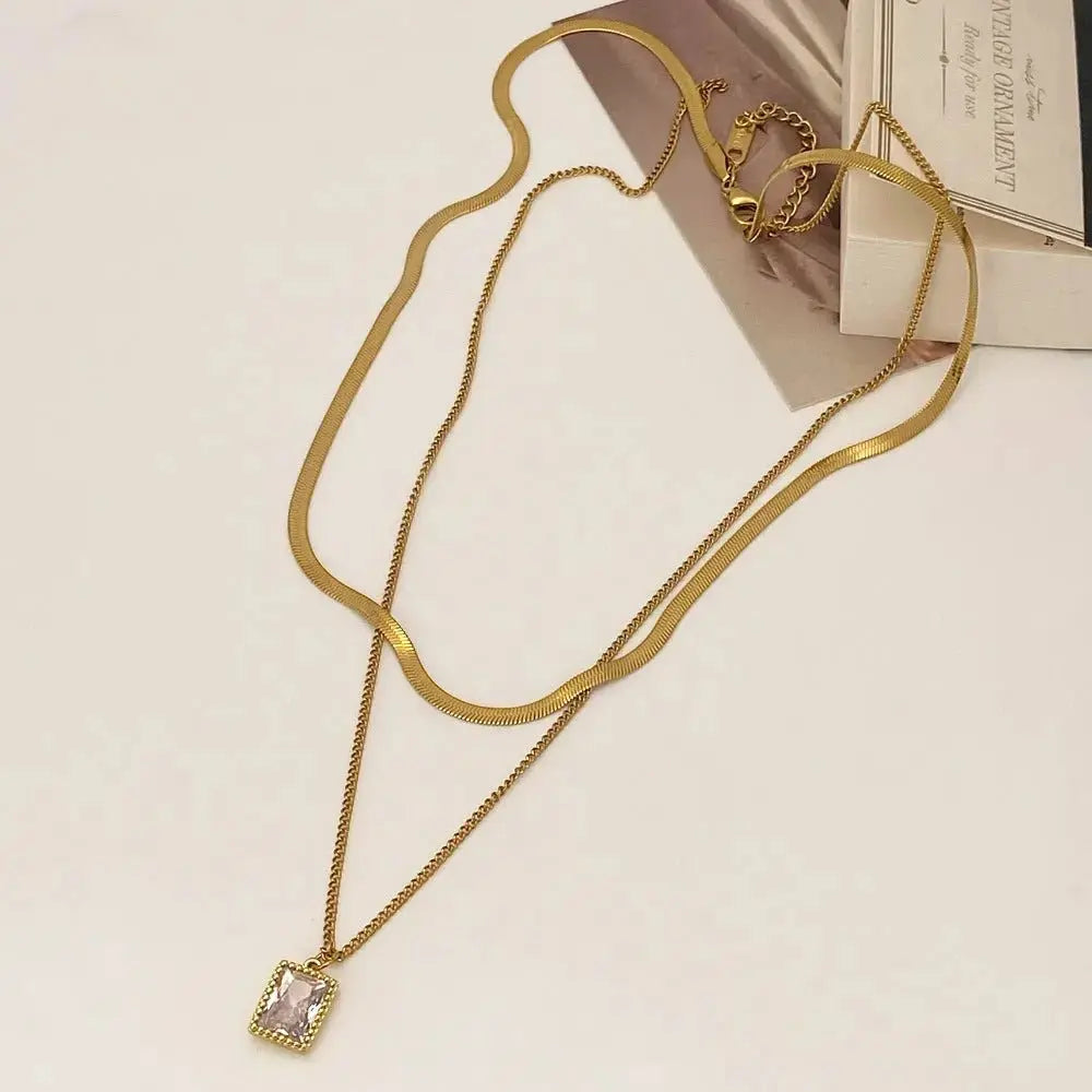 Titanium Steel Double - layer Snake Chain Square Zircon Pendant Real - gold Necklace - Pearl Unique