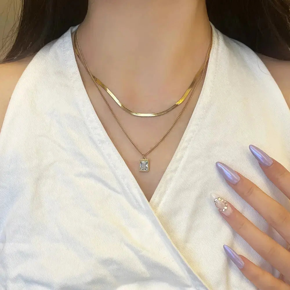 Titanium Steel Double - layer Snake Chain Square Zircon Pendant Real - gold Necklace - Pearl Unique
