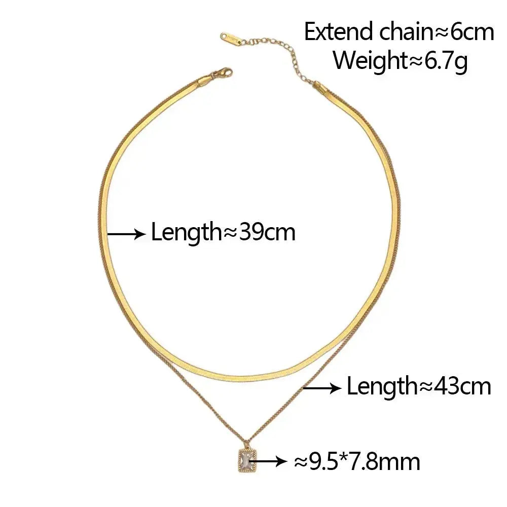 Titanium Steel Double - layer Snake Chain Square Zircon Pendant Real - gold Necklace - Pearl Unique