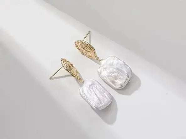 White Rectangle Baroque Pearl Earrings - Pearl Unique