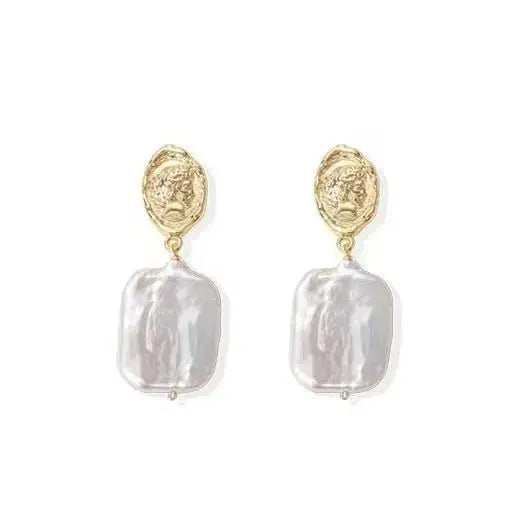 White Rectangle Baroque Pearl Earrings - Pearl Unique