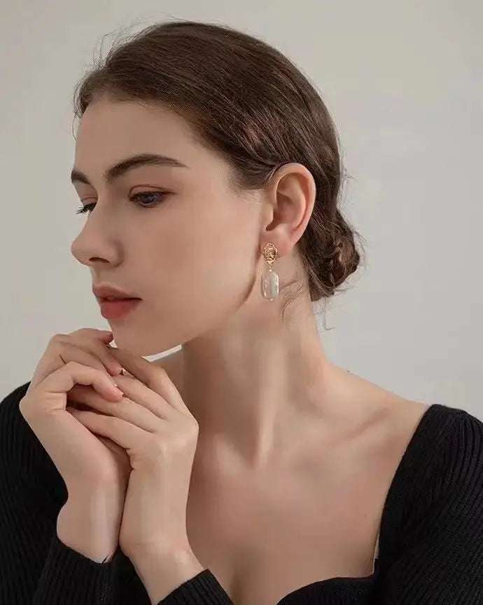 White Rectangle Baroque Pearl Earrings - Pearl Unique