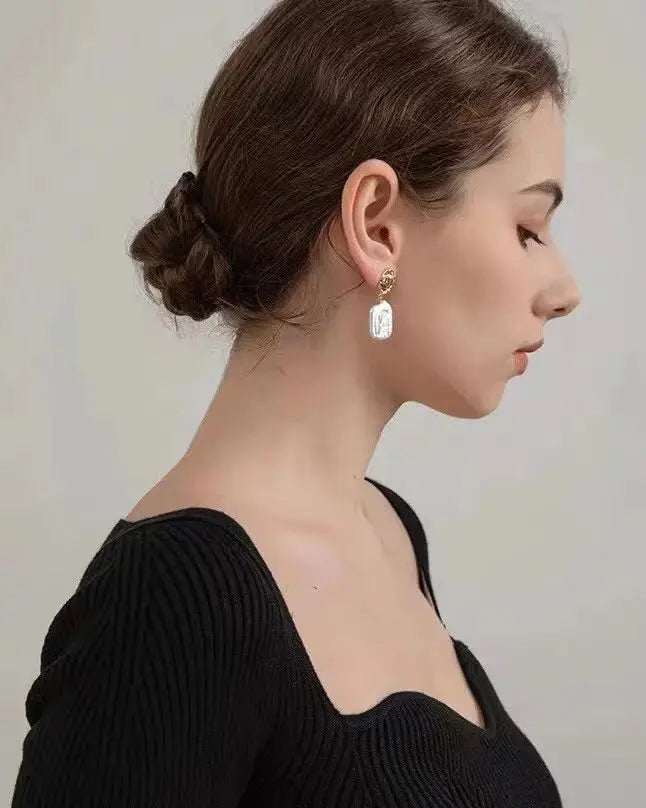 White Rectangle Baroque Pearl Earrings - Pearl Unique