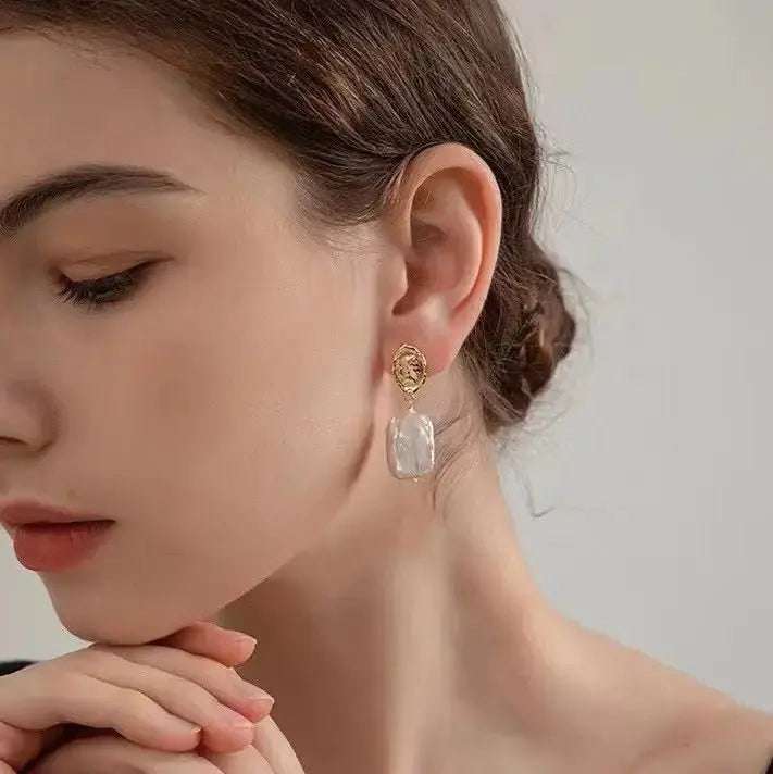 White Rectangle Baroque Pearl Earrings - Pearl Unique