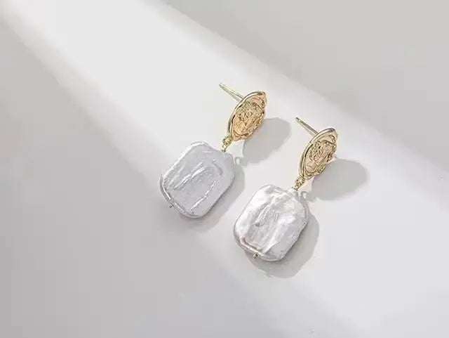 White Rectangle Baroque Pearl Earrings - Pearl Unique